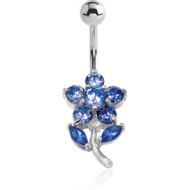 RHODIUM PLATED BRASS CRYSTALINE JEWELLED NAVEL BANANA - FLOWER PIERCING