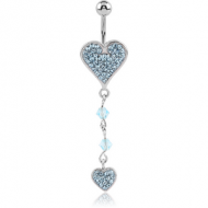 RHODIUM PLATED BRASS CRYSTALINE JEWELLED HEART NAVEL BANANA WITH DANGLING CHARM - HEART PIERCING