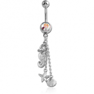 RHODIUM PLATED BRASS JEWELLED NAVEL BANANA WITH DANGLING CHARM - SEA ANIMALS