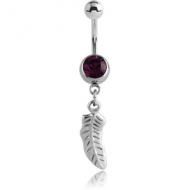 RHODIUM PLATED BRASS JEWELLED NAVEL BANANA WITH DANGLING CHARM - FEATHER PIERCING