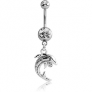 RHODIUM PLATED DOUBLE JEWELLED NAVEL BANANA WITH DOLPHIN CHARM PIERCING