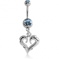 RHODIUM PLATED DOUBLE JEWELLED NAVEL BANANA WITH OPEN HEART CHARM PIERCING