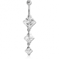 SURGICAL STEEL TRIPLE SQUARE CZ DOUBLE JEWELLED DANGLE NAVEL BANANA PIERCING