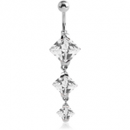 SURGICAL STEEL TRIPLE SQUARE CZ JEWELLED WITH DANGLING NAVEL BANANA PIERCING