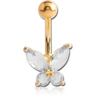 GOLD PVD COATED BRASS JEWELLED BUTTERFLY NAVEL BANANA PIERCING