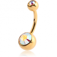 GOLD PVD COATED SURGICAL STEEL DOUBLE SWAROVSKI CRYSTALS JEWELLED NAVEL BANANA PIERCING