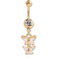 GOLD PVD COATED SURGICAL STEEL JEWELLED NAVEL BANANA WITH BUTTERFLY CHARM PIERCING