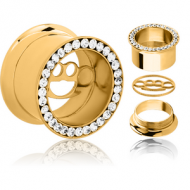 GOLD PVD COATED STAINLESS STEEL DOUBLE FLARED THREADED JEWELLED TUNNEL WITH REMOVABLE BRASS KNUCKLES PIERCING