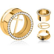 GOLD PVD COATED STAINLESS STEEL DOUBLE FLARED THREADED JEWELLED TUNNEL WITH REMOVABLE CROSS