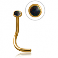 GOLD PVD COATED SURGICAL STEEL JEWELLED CURVED NOSE STUD WITH SYNTHETIC OPAL PIERCING