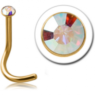 GOLD PVD COATED SURGICAL STEEL JEWELLED CURVED NOSE STUD WITH GLUED STONE PIERCING