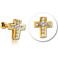 GOLD PVD COATED SURGICAL STEEL JEWELLED TRAGUS MICRO BARBELL - CROSS PIERCING