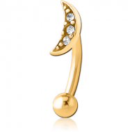 GOLD PVD COATED SURGICAL STEEL JEWELLED FANCY CURVED MICRO BARBELL - CRESCENT 3 GEMS