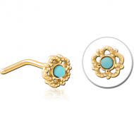 GOLD PVD COATED SURGICAL STEEL 90 DEGREE JEWELLED NOSE STUD - FLOWER