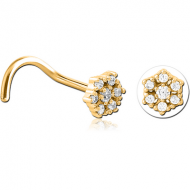 GOLD PVD COATED SURGICAL STEEL CURVED JEWELLED NOSE STUD - FLOWER PIERCING