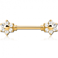 GOLD PVD COATED SURGICAL STEEL JEWELLED NIPPLE BAR - FLOWER PIERCING