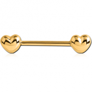GOLD PVD COATED SURGICAL STEEL NIPPLE BAR - HEARTS PIERCING