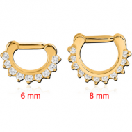 GOLD PVD COATED SURGICAL STEEL ROUND PRONG SET SWAROVSKI CRYSTAL JEWELLED HINGED SEPTUM CLICKER RING