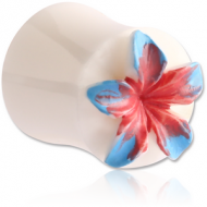 ORGANIC CARVED BONE PLUG DOUBLE FLARE - FLOWER PINK-BLUE PIERCING