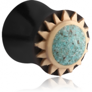 ORGANIC CARVED IRON PLUG DOUBLE FLARED WITH TURQUOISE INLAY - SUN