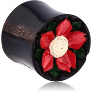 ORGANIC CARVED HORN HOLLOW PLUG DOUBLE FLARE - RED FLOWER PIERCING
