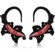 ORGANIC WOODEN CLAW EARRINGS PAIR IRON CORAL INLAID