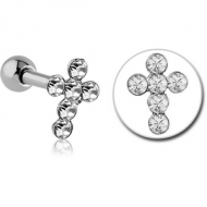 SURGICAL STEEL JEWELLED CROSS TRAGUS MICRO BARBELL PIERCING