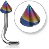SURGICAL STEEL 1.2MM THREADING CURVED NOSE STUD WITH ANODISED CONE PIERCING