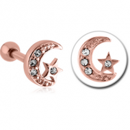 ROSE GOLD PVD COATED SURGICAL STEEL JEWELLED TRAGUS MICRO BARBELL - CRESCENT AND STAR PIERCING