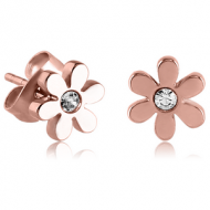 ROSE GOLD PVD COATED SURGICAL STEEL JEWELLED EAR STUDS PAIR - FLOWER