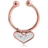 ROSE GOLD PVD COATED SURGICAL STEEL CRYSTALINE JEWELLED FAKE SEPTUM RING - HEART PIERCING