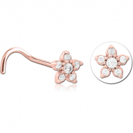 ROSE GOLD PVD COATED SURGICAL STEEL CURVED JEWELLED NOSE STUD - FLOWER PIERCING