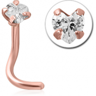 ROSE GOLD PVD COATED SURGICAL STEEL CURVED PRONG SET HEART JEWELLED NOSE STUD PIERCING