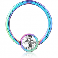 RAINBOW PVD COATED SURGICAL STEEL SWAROVSKI CRYSTAL JEWELLED BALL CLOSURE RING PIERCING