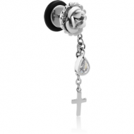 SURGICAL STEEL FLOWER FAKE PLUG WITH CROSS PIERCING