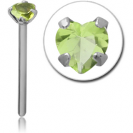 SURGICAL STEEL STRAIGHT PRONG SET HEART JEWELLED NOSE STUD 15MM