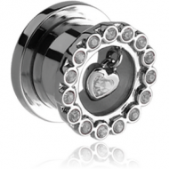 STAINLESS STEEL JEWELLED THREADED TUNNEL WITH HEART CHARM