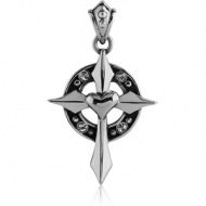 SURGICAL STEEL JEWELLED PENDANT - POINTY CROSS WITH HEART