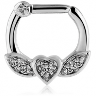 SURGICAL STEEL WINGED HEART PRONG SET JEWELLED HINGED SEPTUM CLICKER