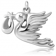 STERILE RHODIUM PLATED BRASS CHARM - BABY DELIVERED BY STORK PIERCING