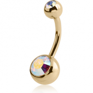 ZIRCON GOLD PVD COATED SURGICAL STEEL DOUBLE SWAROVSKI CRYSTALS JEWELLED NAVEL BANANA PIERCING