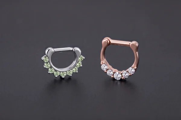Silver green gemstone and rose-gold clear gemstone septum clickers